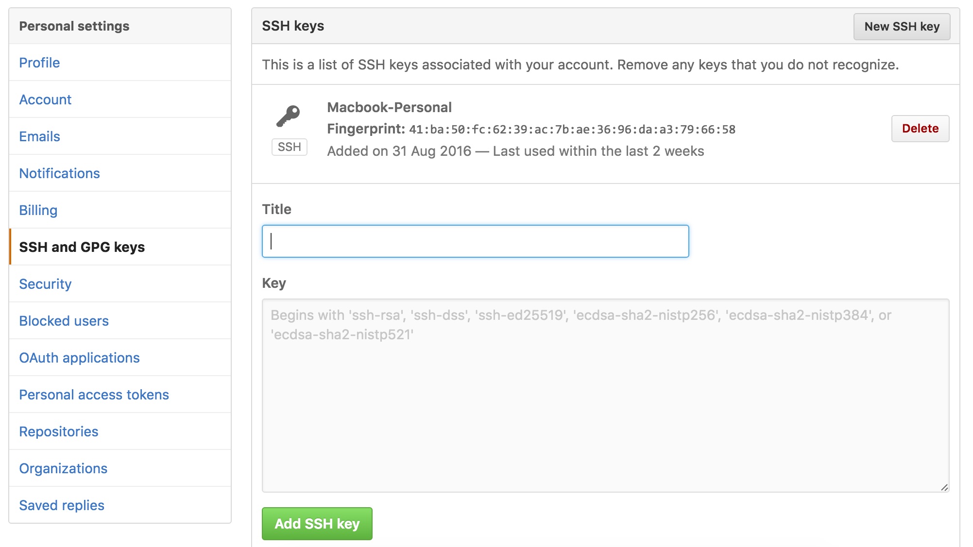 选择 `SSH and GPG keys` 一项，然后点击 `New SSH key` 按钮